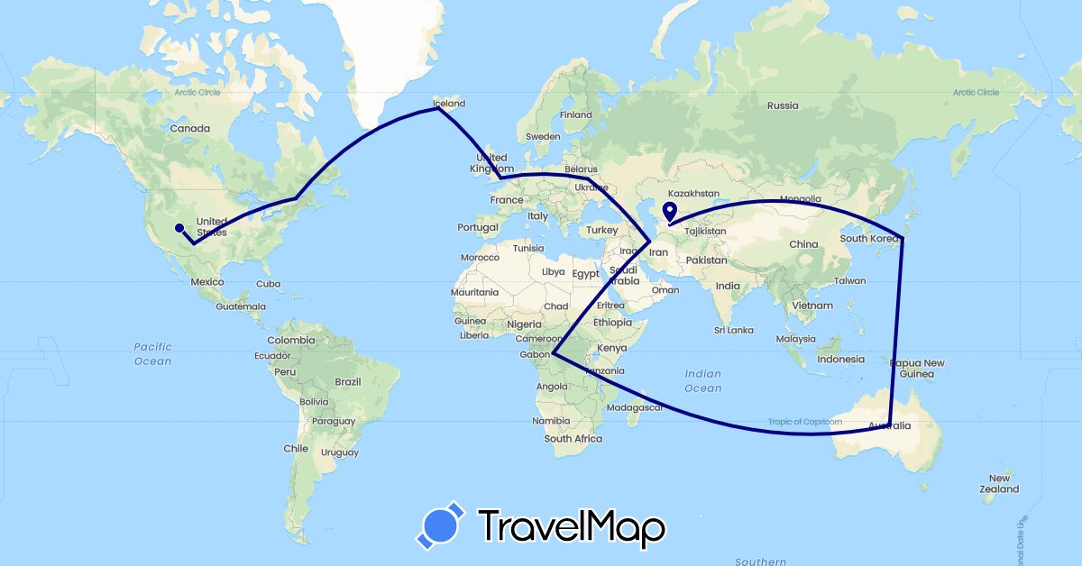 TravelMap itinerary: driving in Australia, Canada, Democratic Republic of the Congo, United Kingdom, Iran, Iceland, Japan, Turkmenistan, Ukraine, United States (Africa, Asia, Europe, North America, Oceania)