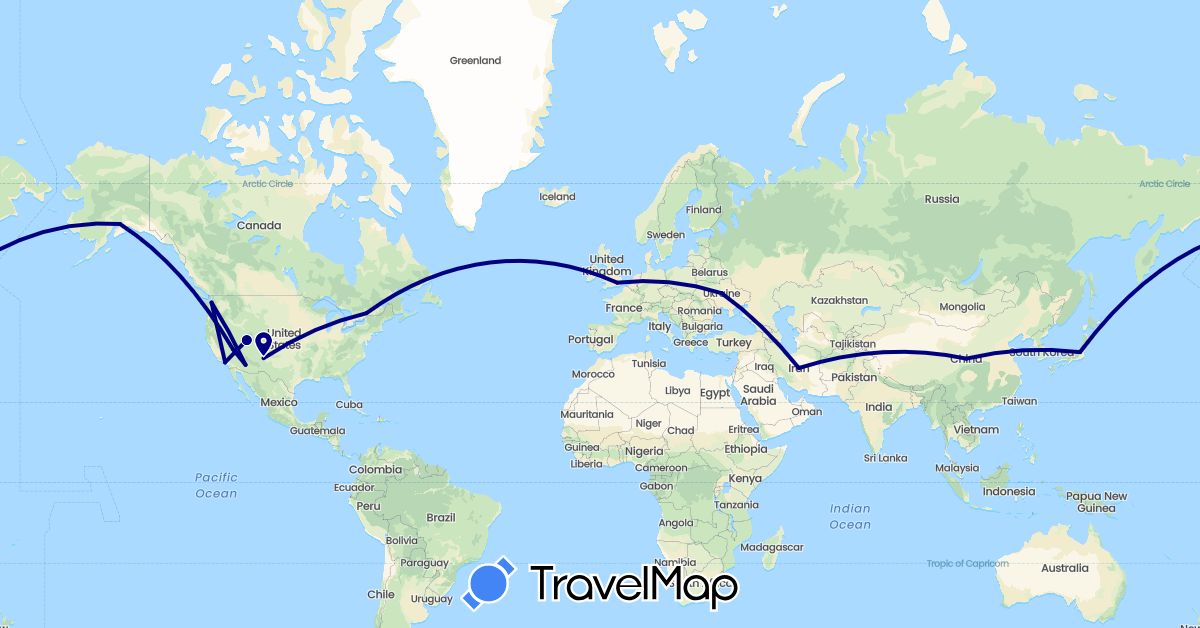 TravelMap itinerary: driving in Canada, China, United Kingdom, Iran, Japan, Ukraine, United States (Asia, Europe, North America)