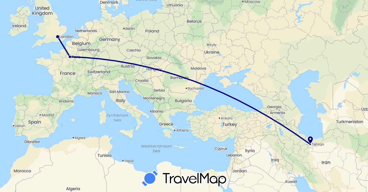 TravelMap itinerary: driving in France, United Kingdom, Iran (Asia, Europe)